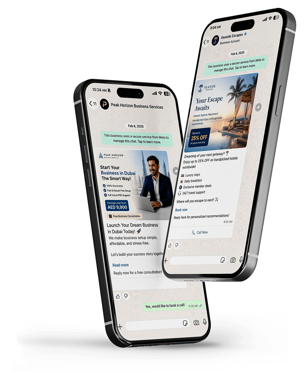 WhatsApp business conversation showing a product broadcast and customer replies