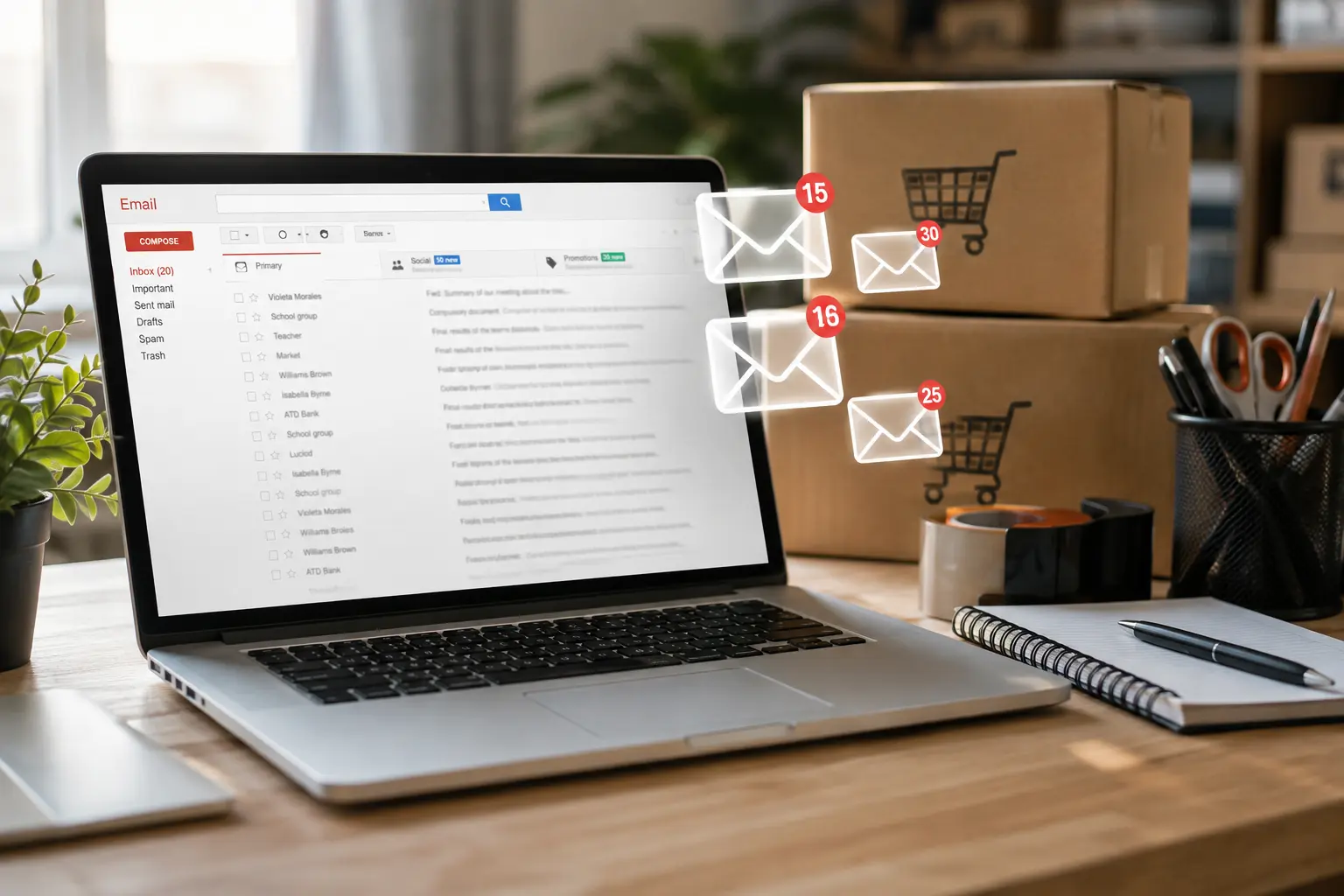 Laptop on a desk showing an email inbox, with envelope and shopping cart icons floating above it, representing ecommerce email marketing campaigns