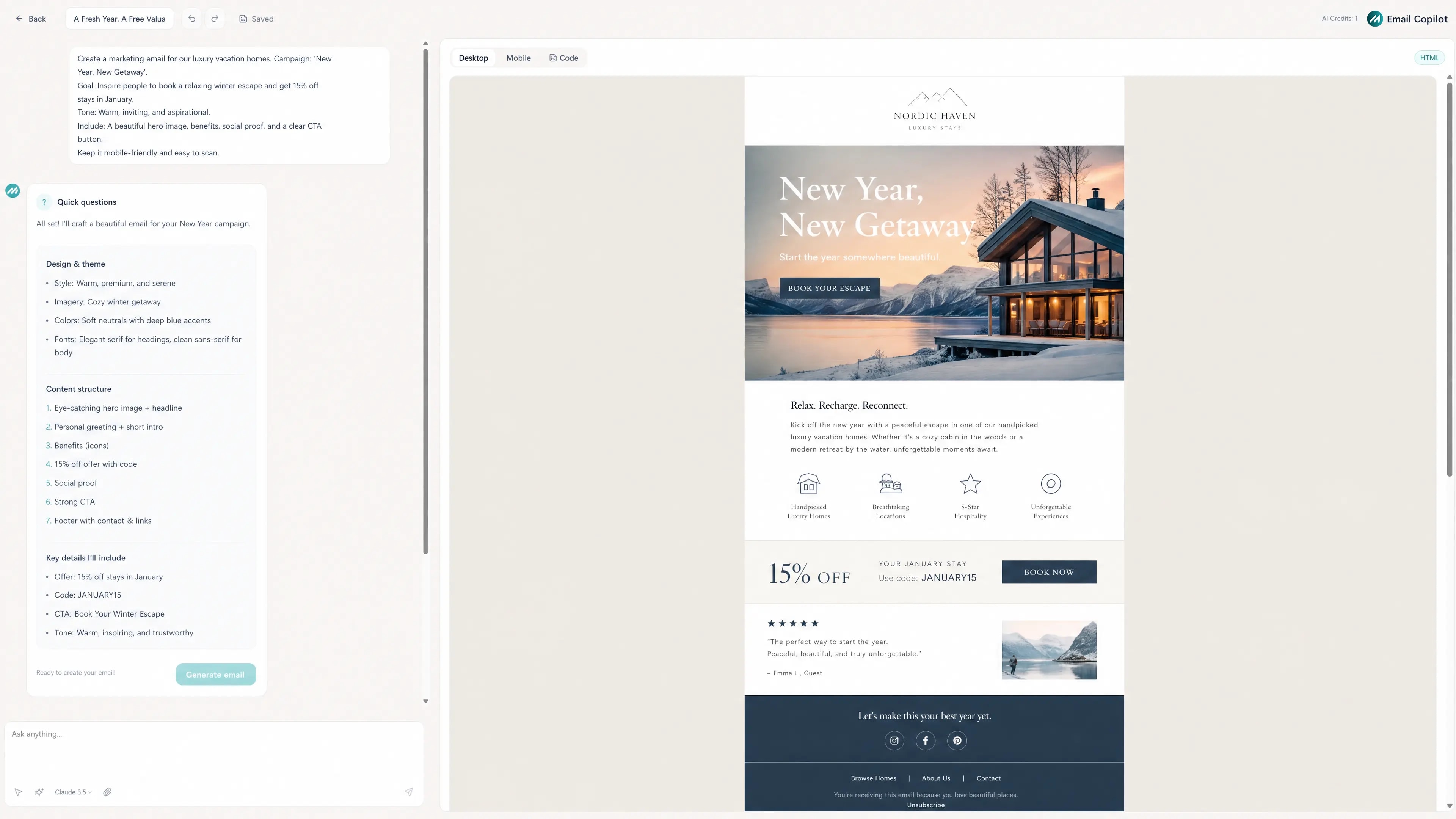 The Messaro AI email builder turning a written prompt into a finished, on-brand email template