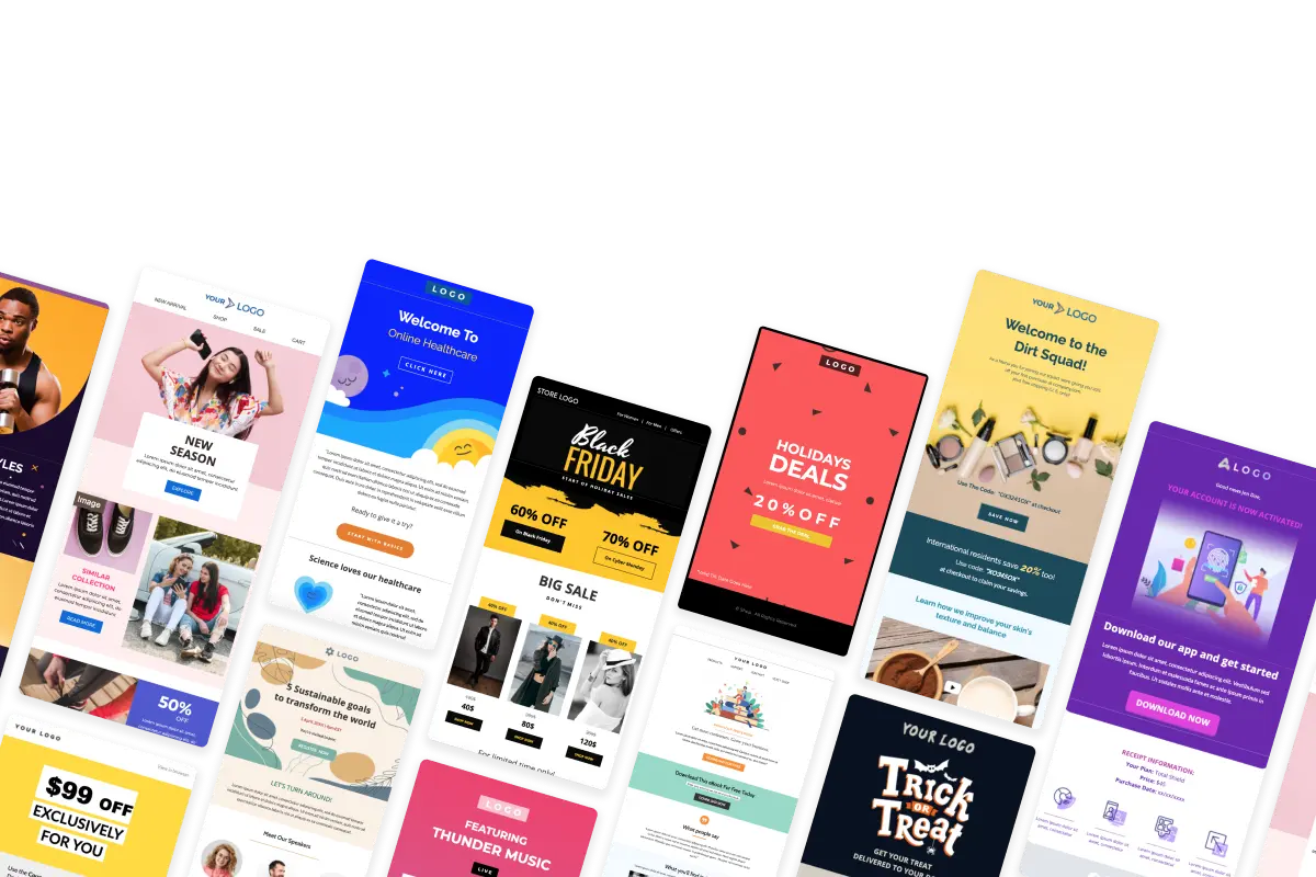 Fanned-out gallery of ready-to-use Messaro email templates spanning promotional, seasonal, welcome and sale campaigns