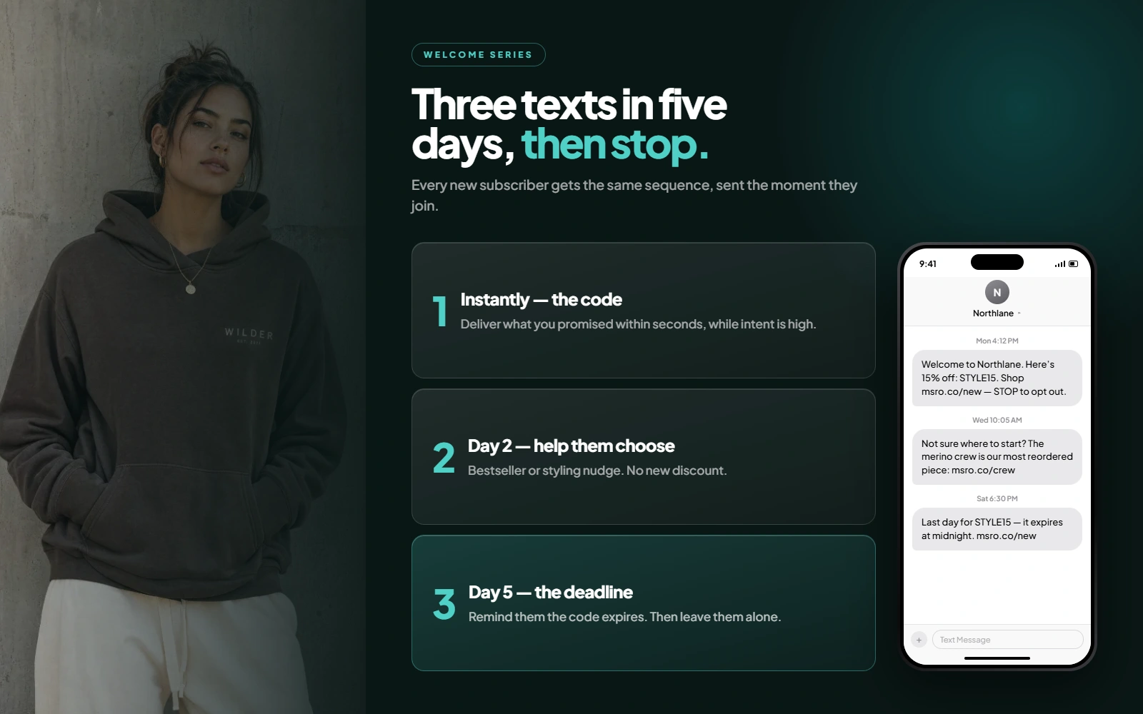 Three-message SMS welcome series for a clothing brand