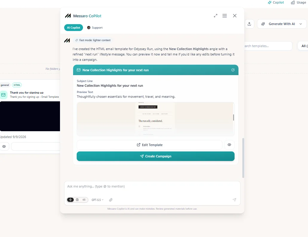 Messaro CoPilot generating an ecommerce win-back campaign for customers who bought running shoes but have not purchased in 90 days