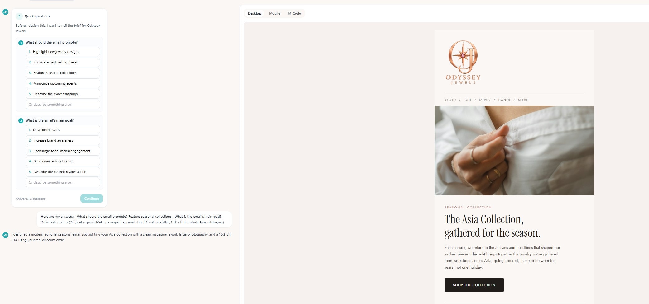 Messaro CoPilot showing a drafted email campaign next to a chat message asking to make the subject line more compelling