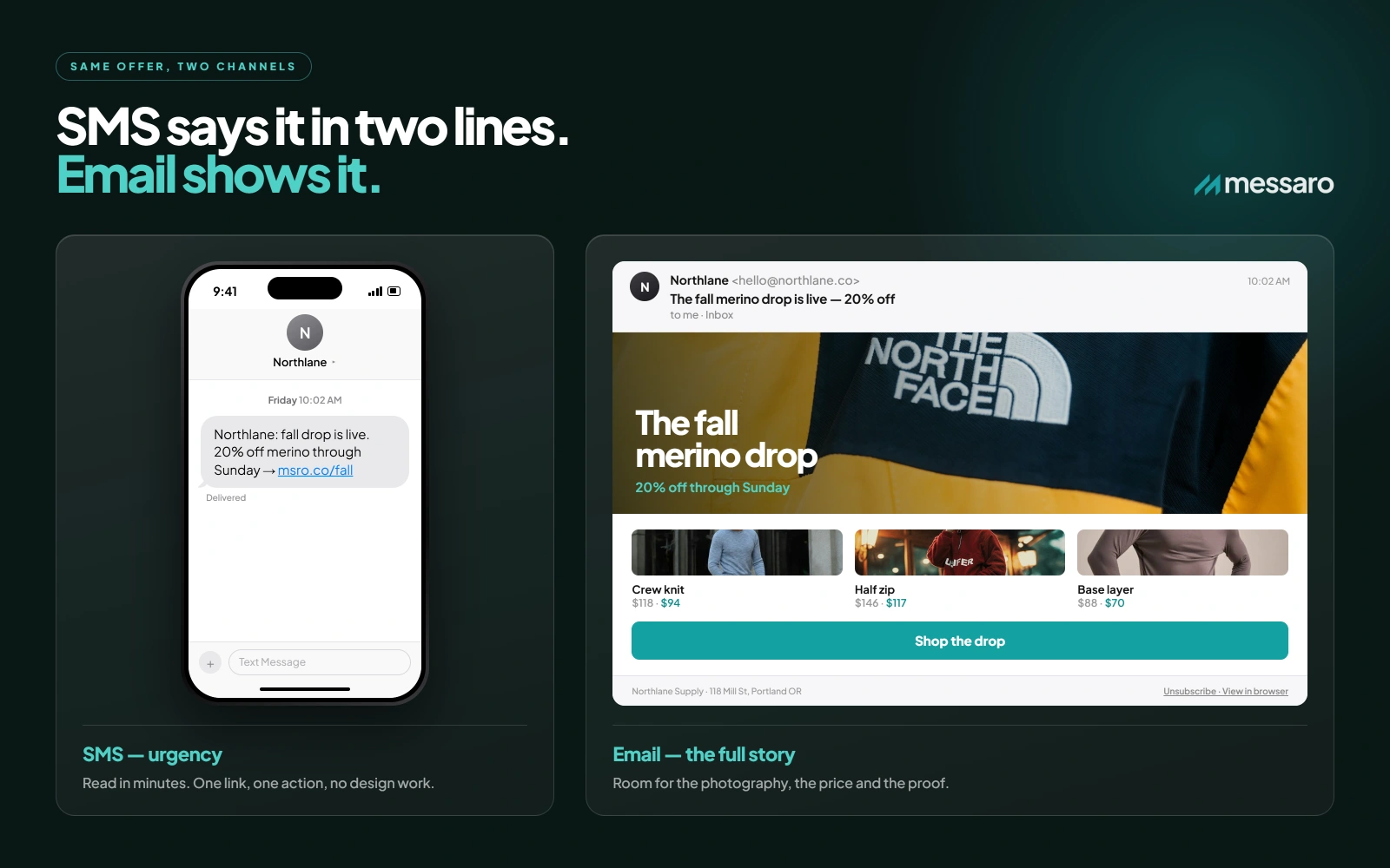 The same promotion shown as a short text message and as a designed email