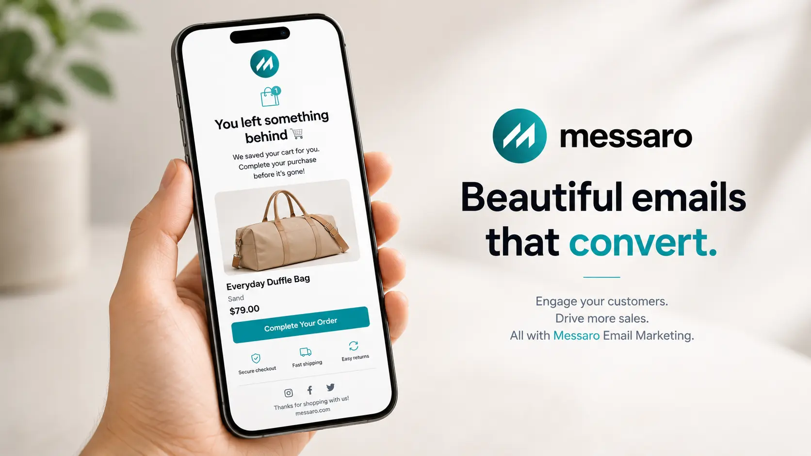 Hand holding a phone showing an abandoned cart email with a product photo, price and a checkout button