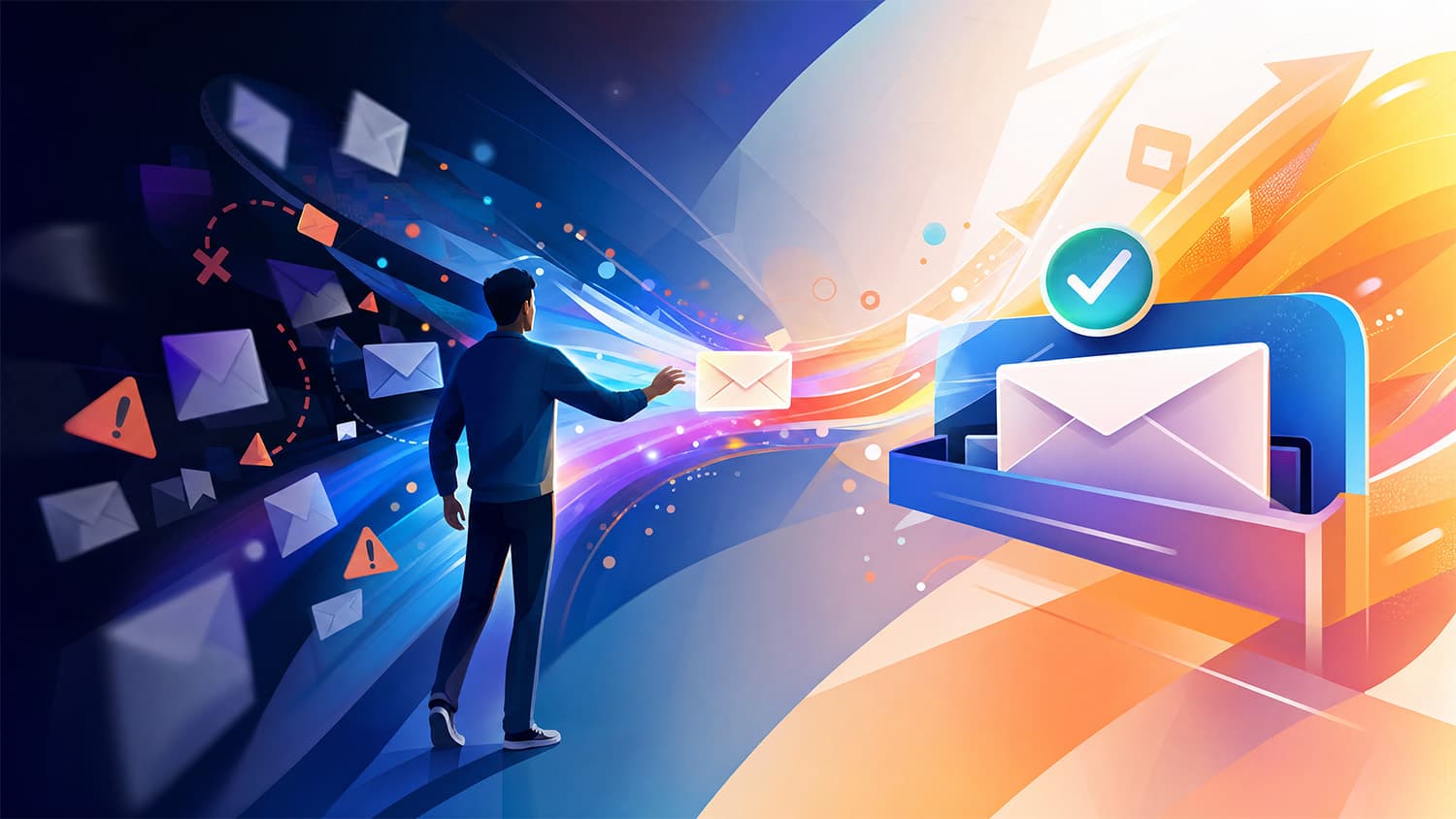 Illustration of emails moving from warning signals toward a verified inbox, representing email deliverability and inbox placement