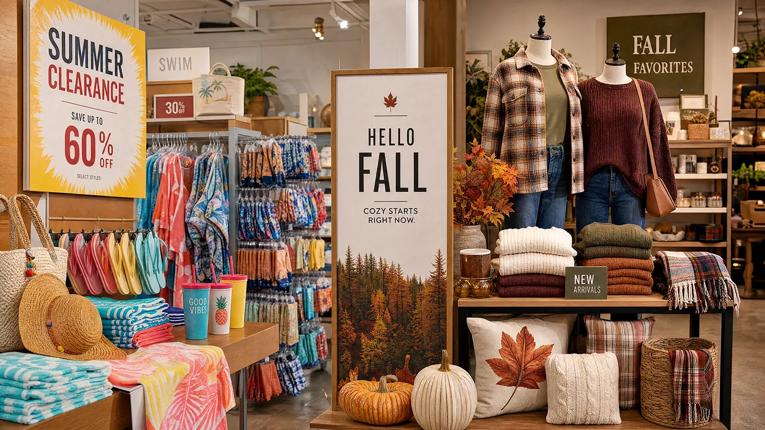 Labor Day retail display transitioning from summer clearance products to a new fall collection