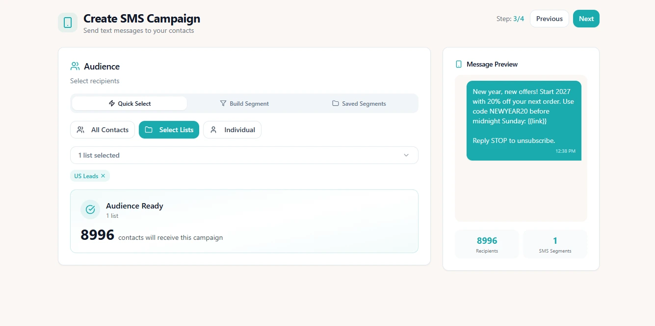 Bulk SMS campaign composer showing recipient count and message segments