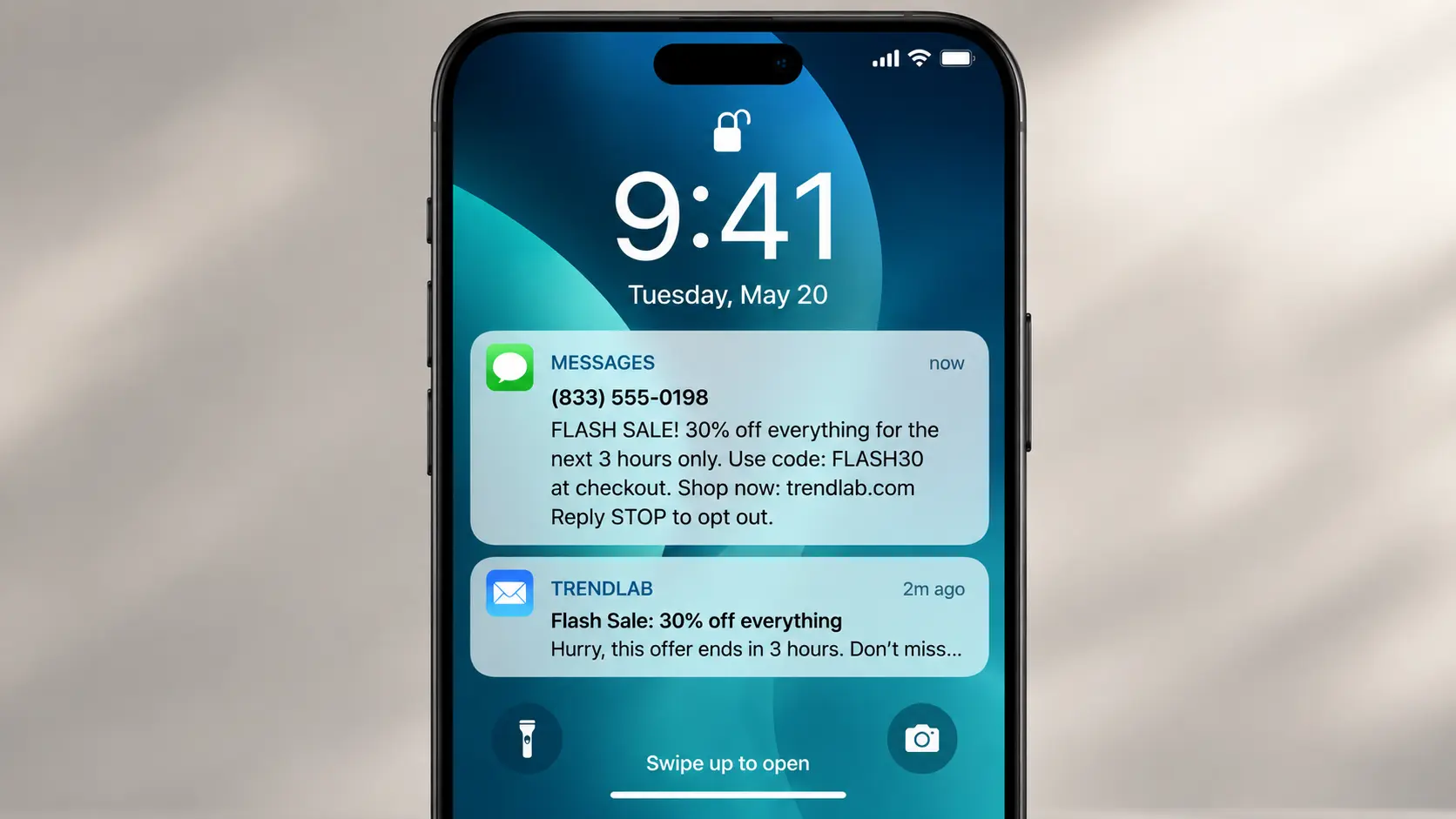 Phone lock screen where the same flash sale arrives twice: the text message shows the offer, code and opt-out in full, while the app push below it is truncated mid-sentence