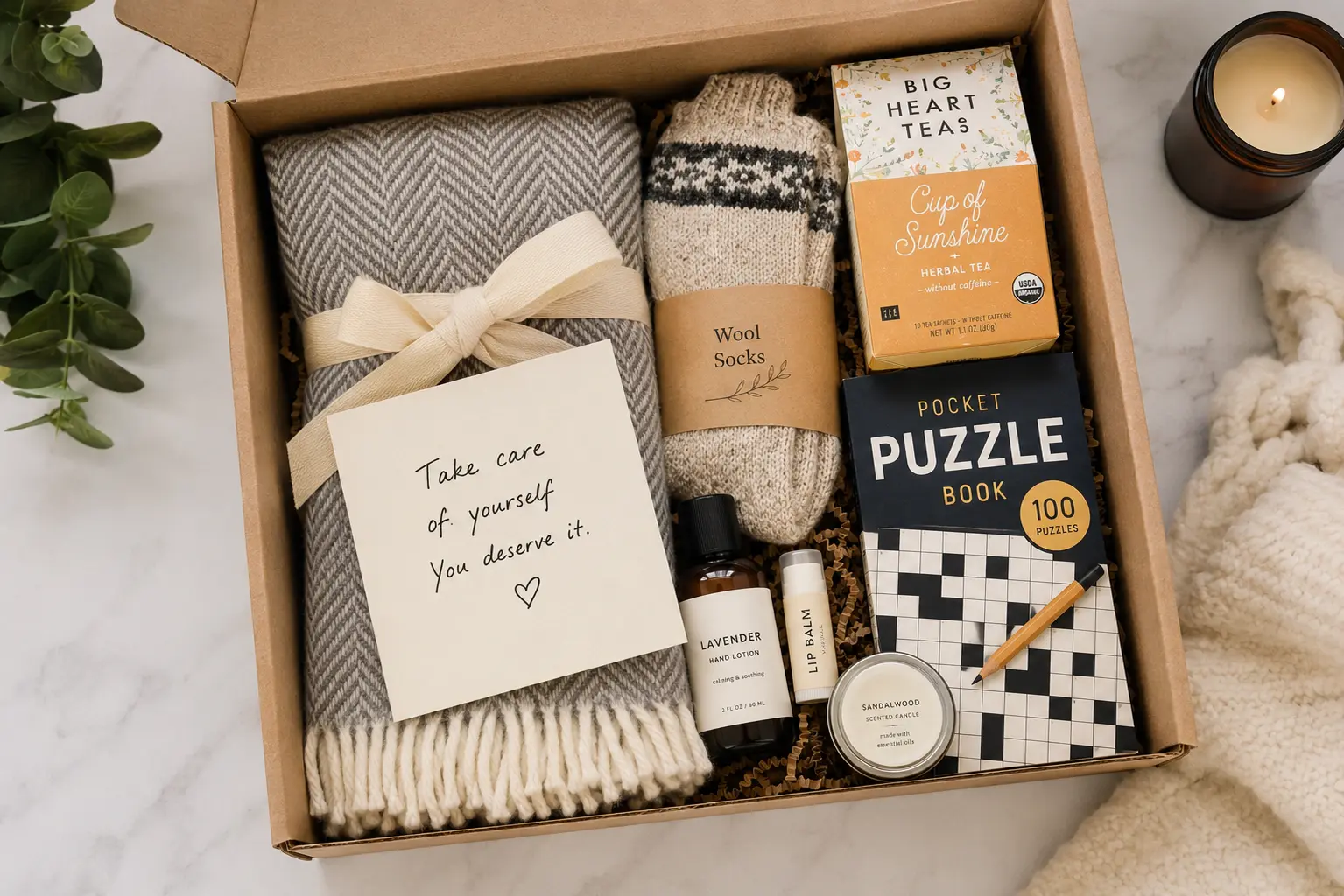 Care package box filled with a folded blanket, socks, tea, a puzzle book and a handwritten card