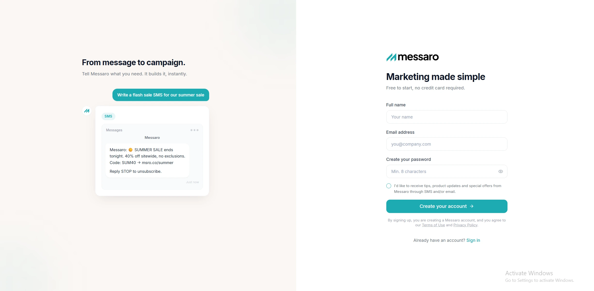 Messaro sign-up screen