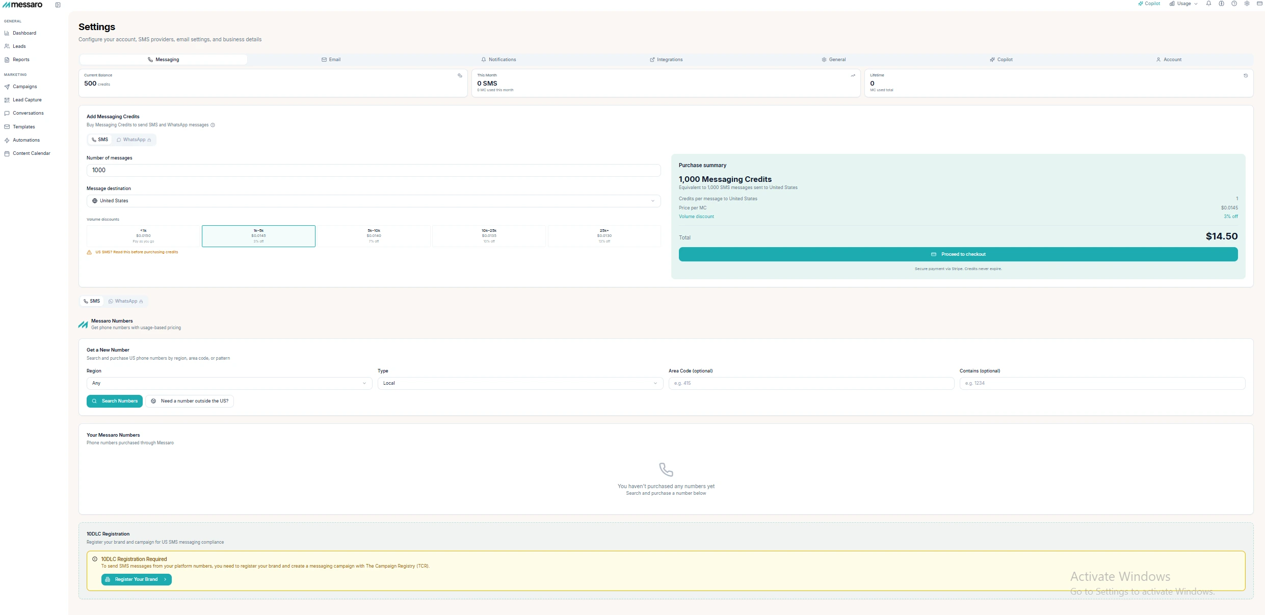 Choosing a sending number inside Messaro