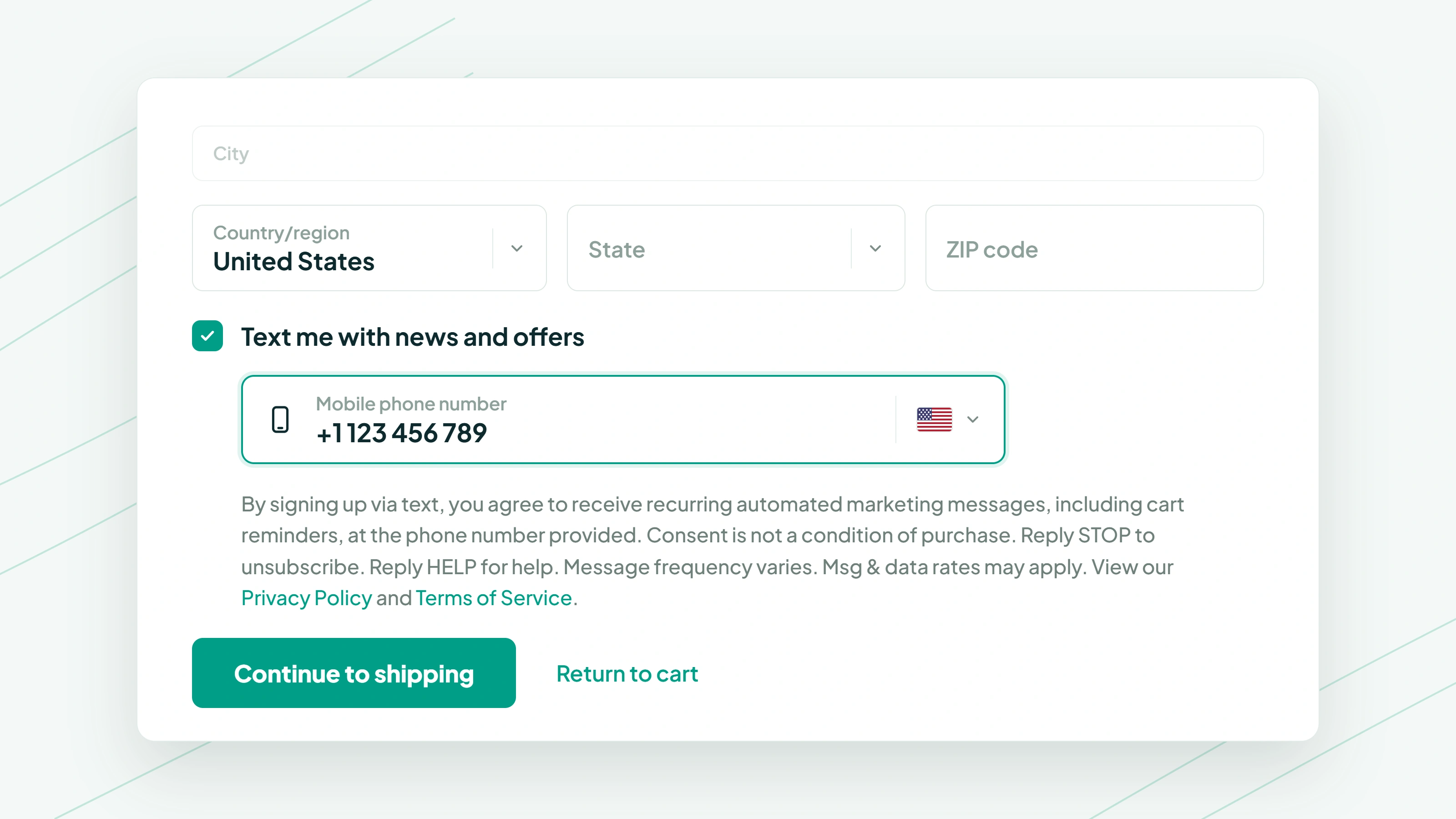 Shopify checkout settings with SMS marketing consent enabled