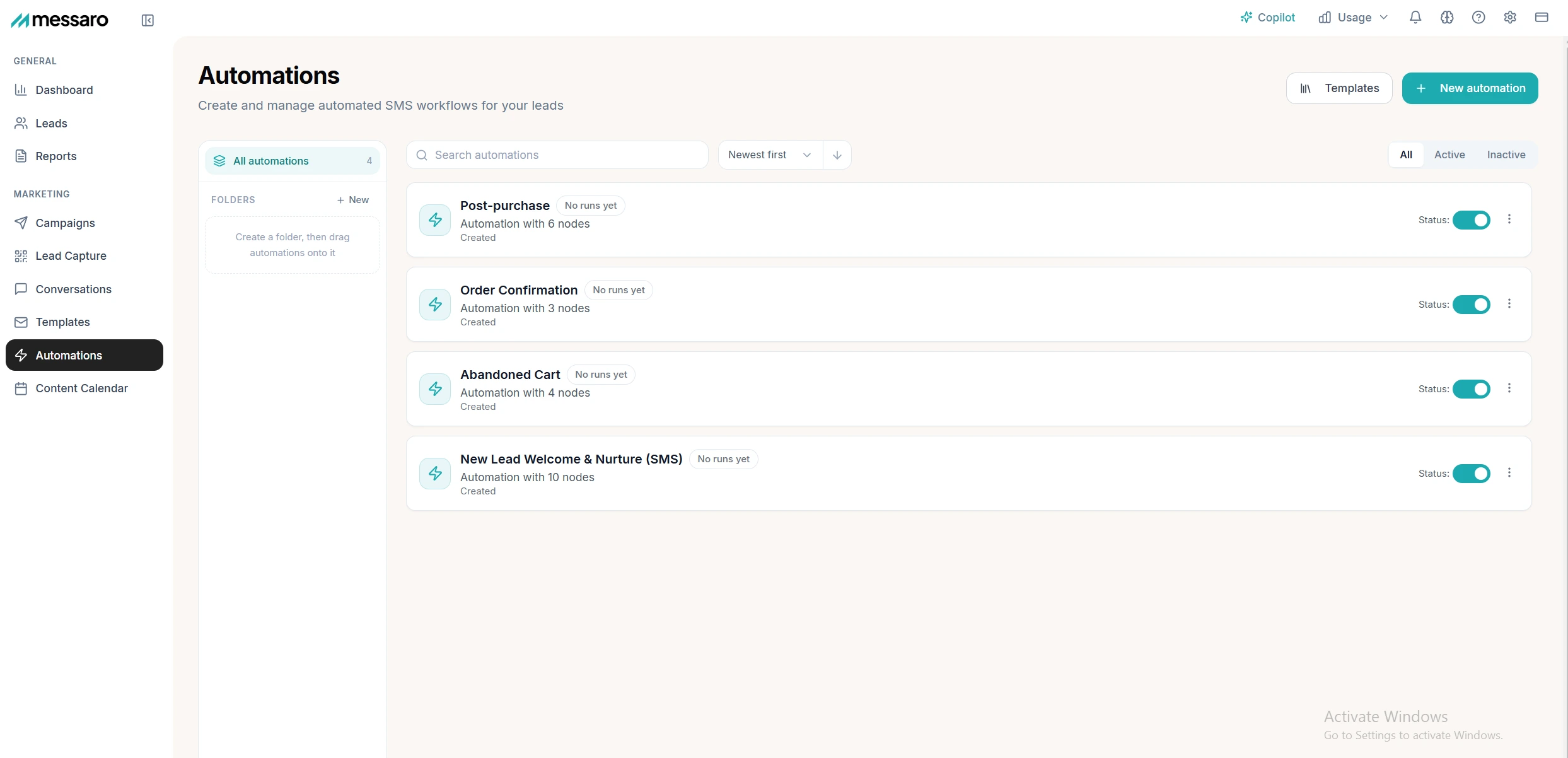 List of automated SMS flows including welcome series and abandoned cart