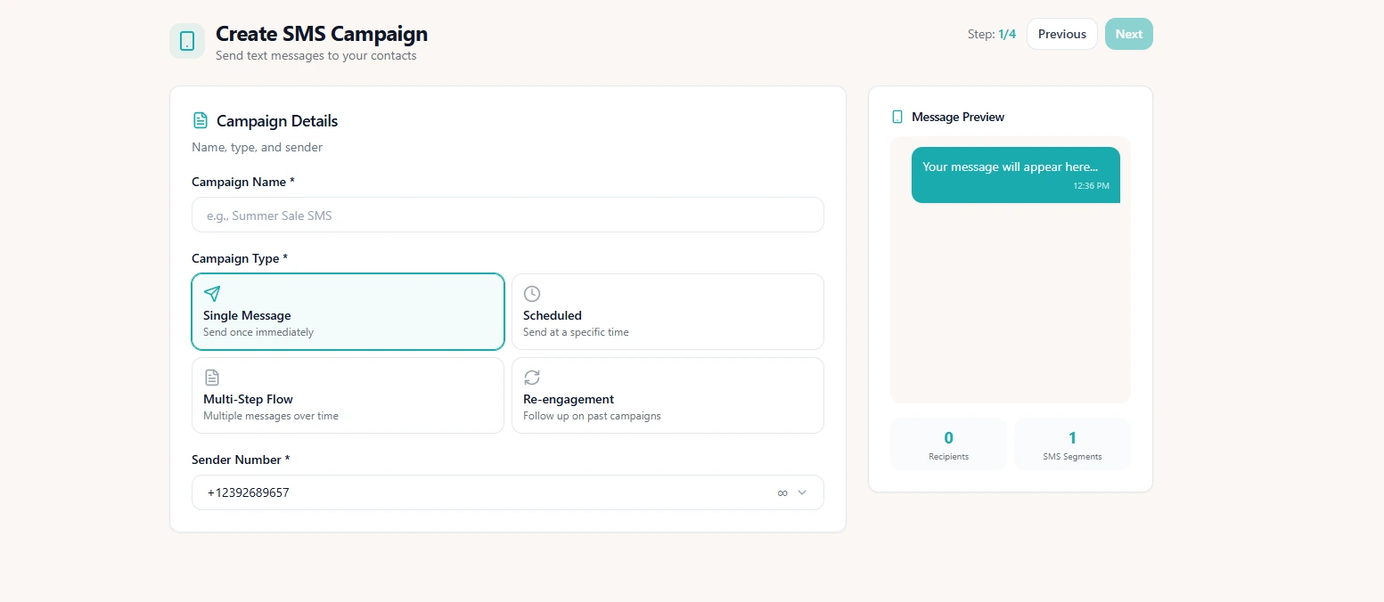 Composing an SMS campaign in Messaro with an audience and preview