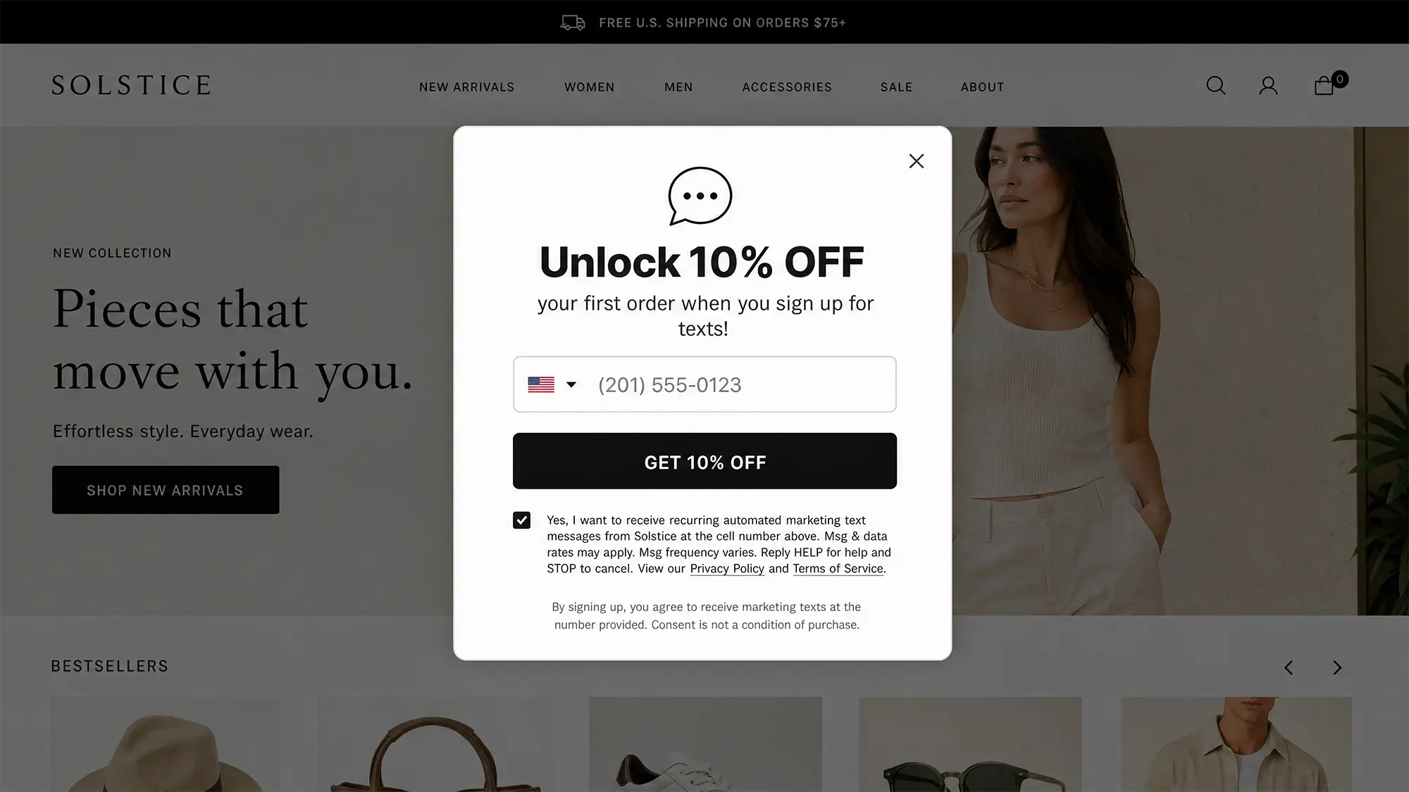 Online store showing an SMS opt-in popup offering a first-order discount