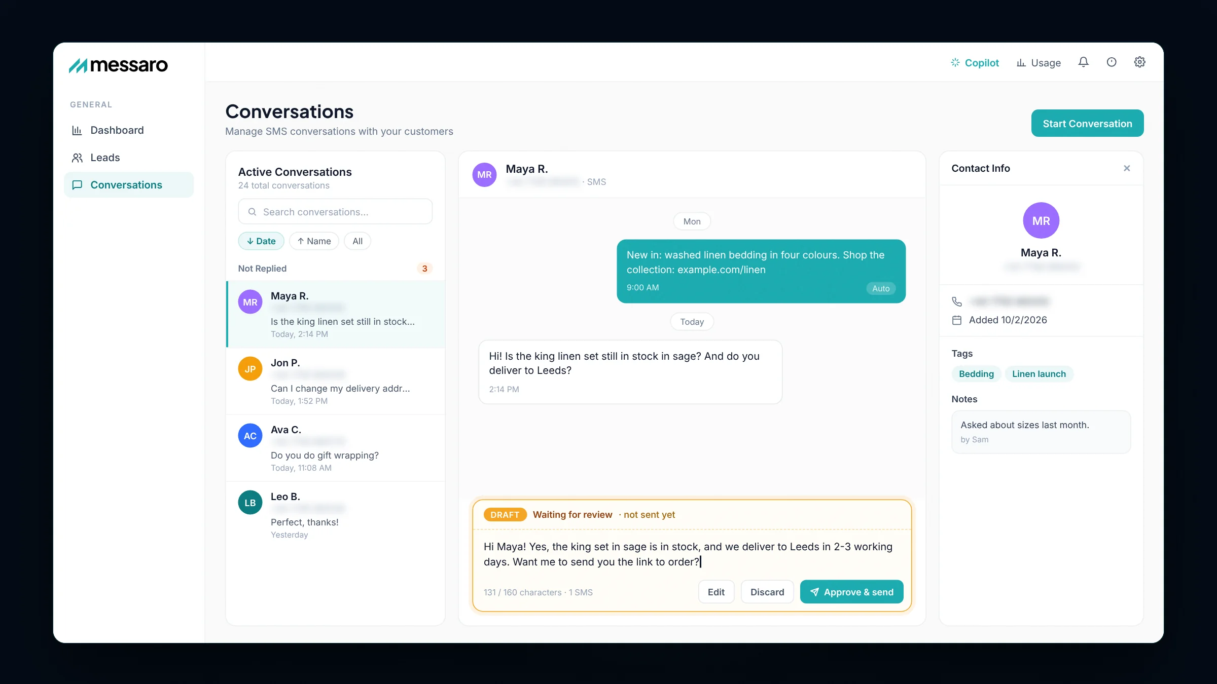Messaro SMS conversation with an incoming text question and a reply draft waiting for a person to review
