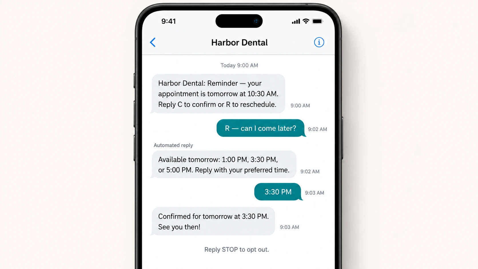 Two-way SMS conversation moving from an appointment reminder to confirmation and a human support handoff