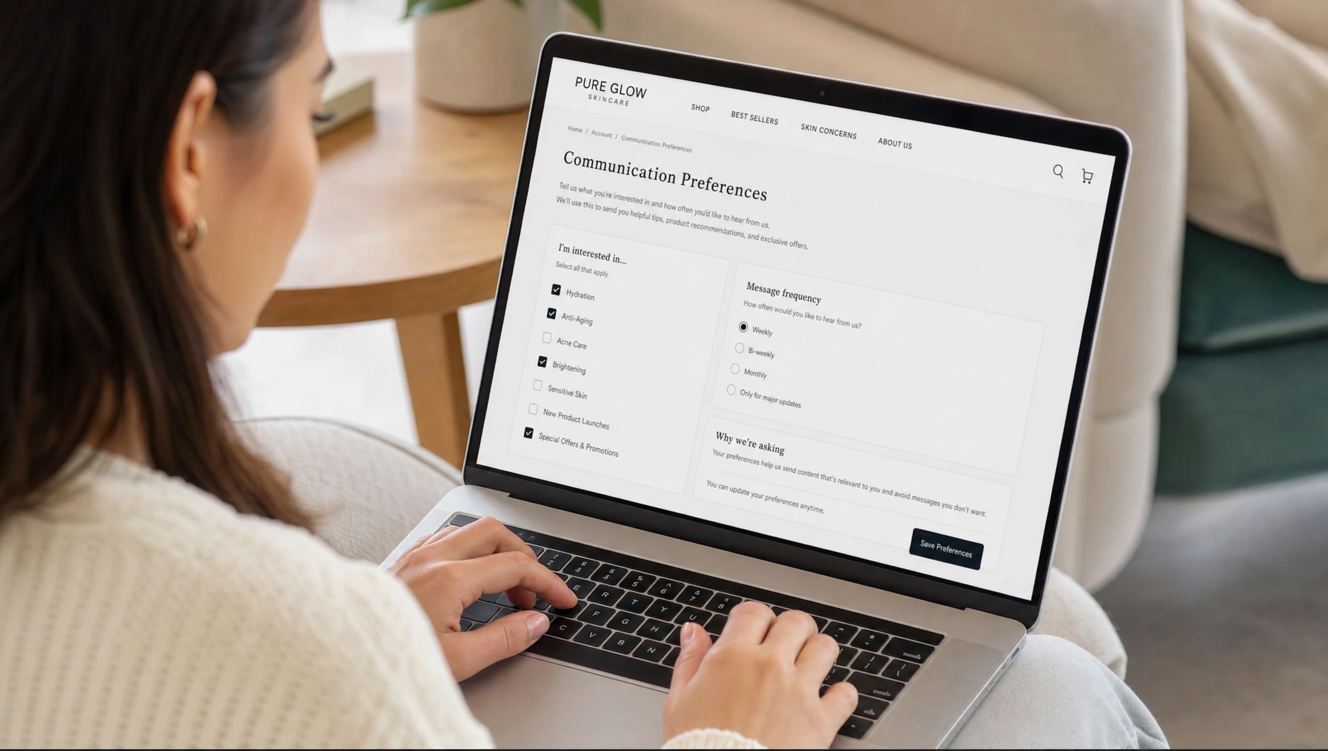 Customer preference center collecting interests, channel choices, and message frequency directly