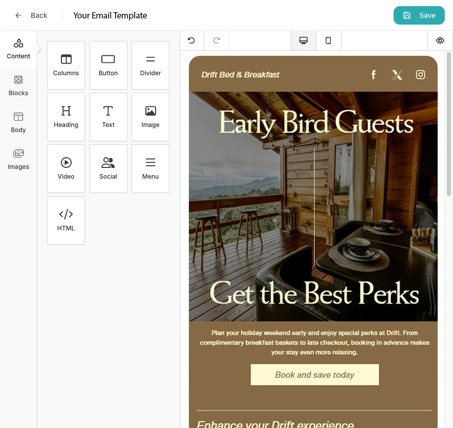 Messaro drag and drop email builder with a palette of content blocks on the left and a hotel promotion email being assembled on the live canvas