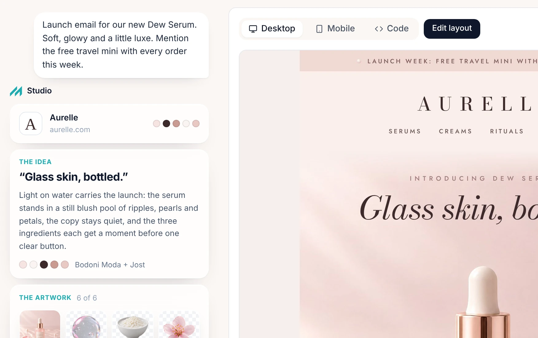 Aurelle brand colours, type, and website next to the matching email