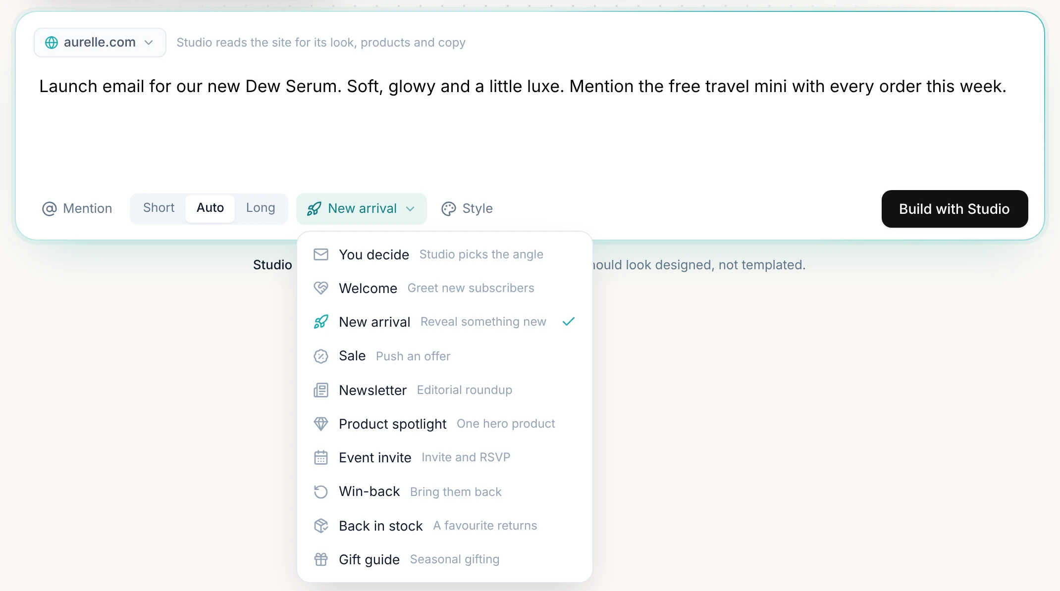 A Dew Serum launch prompt with New arrival chosen as the email type