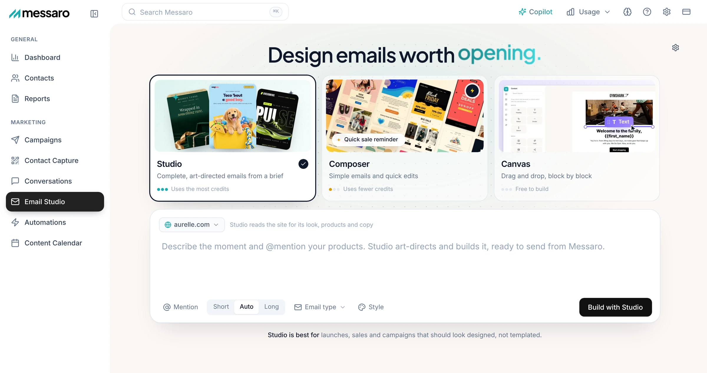 Email Studio selected in the sidebar, with Studio chosen over Composer and Canvas