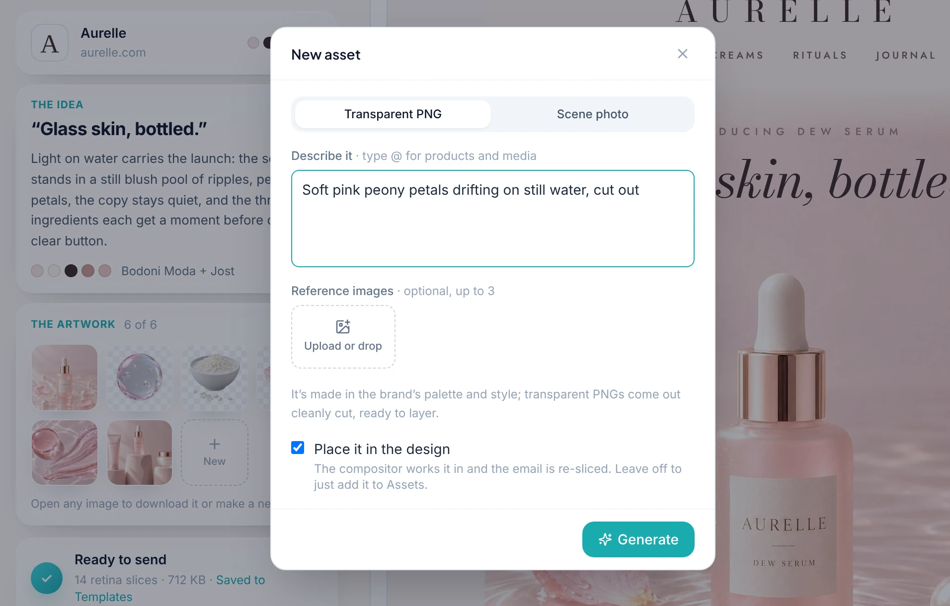 New asset dialog for generating pink peony petals and placing them in the email