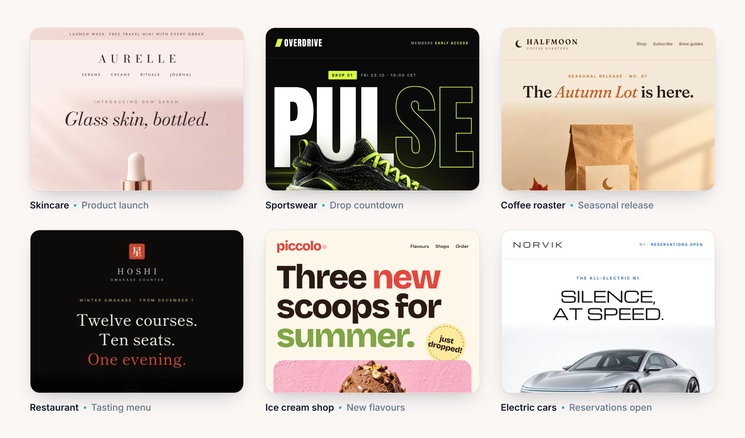 Six email layouts for a skincare launch, a sneaker drop, a coffee release, a tasting menu, new ice cream flavours, and an electric car