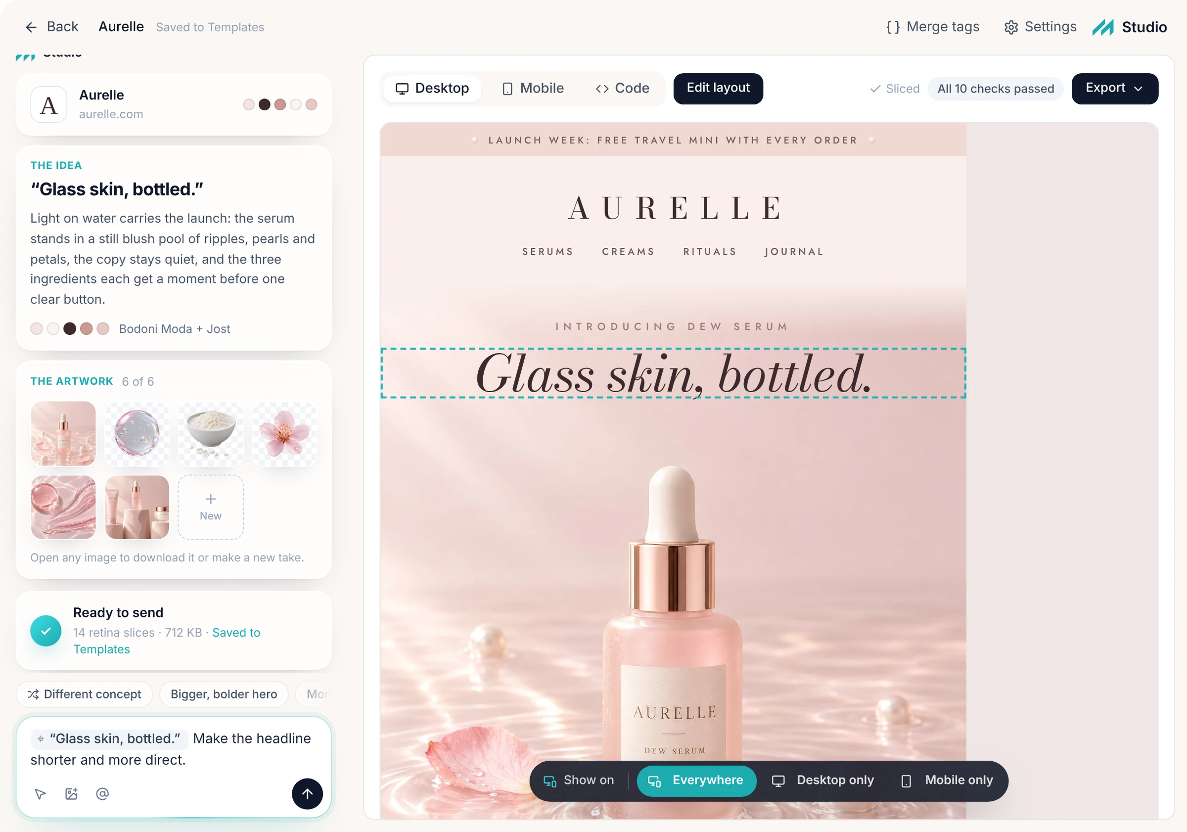 The headline Glass skin, bottled selected, with a request to make it shorter and more direct