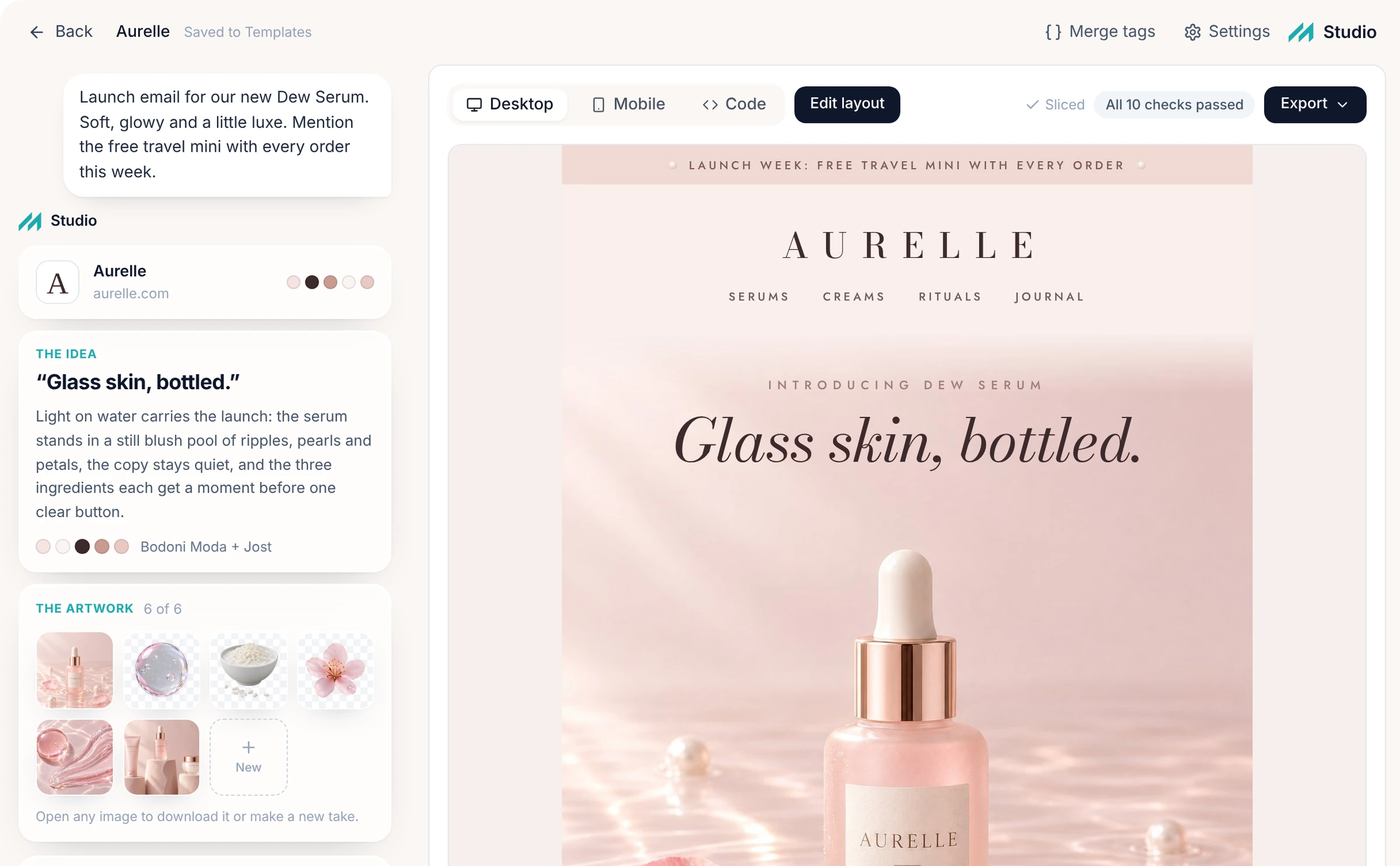 Studio with a Dew Serum launch prompt beside the generated Aurelle email