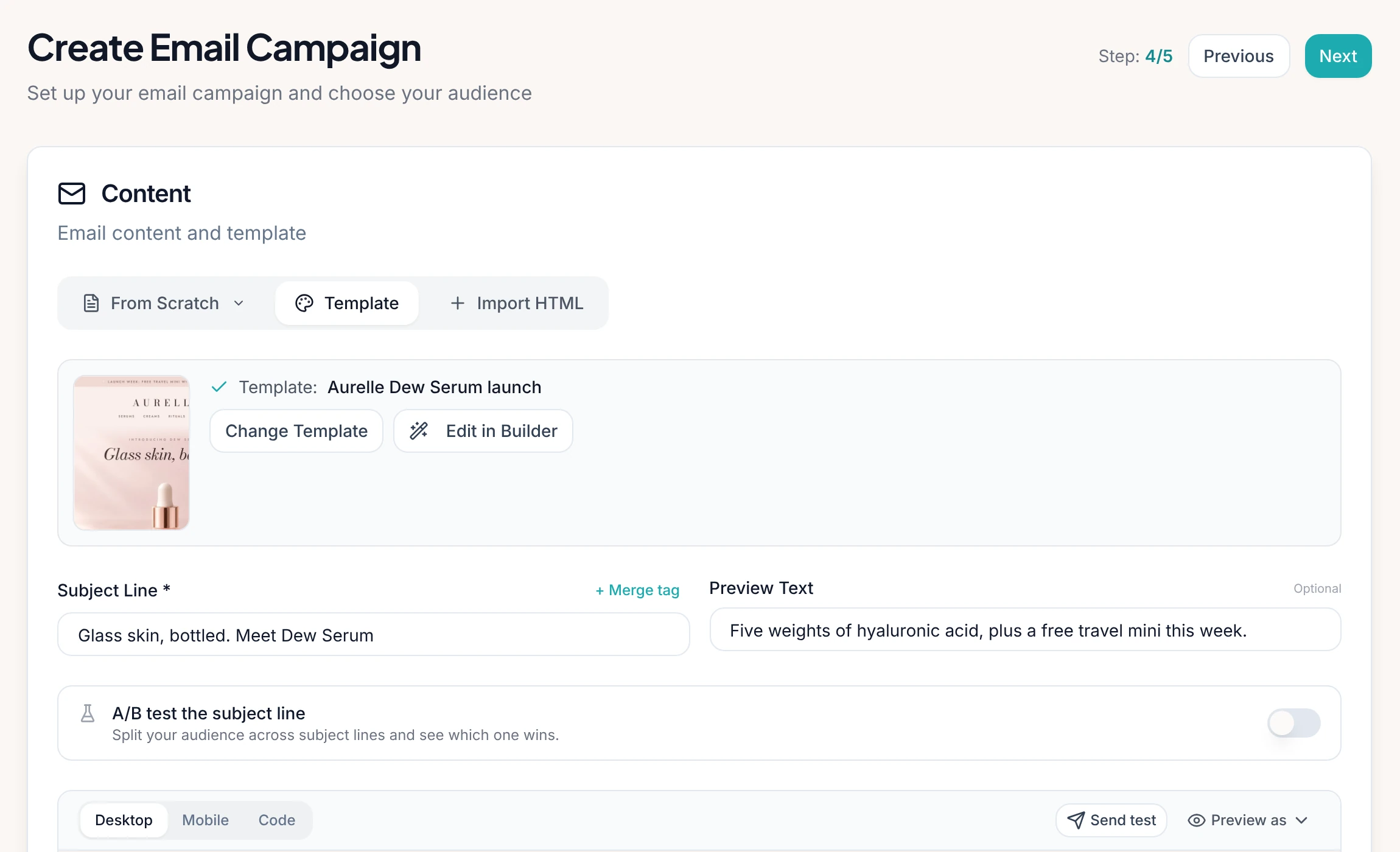 Create Email Campaign screen with the Aurelle template, subject line, and preview text