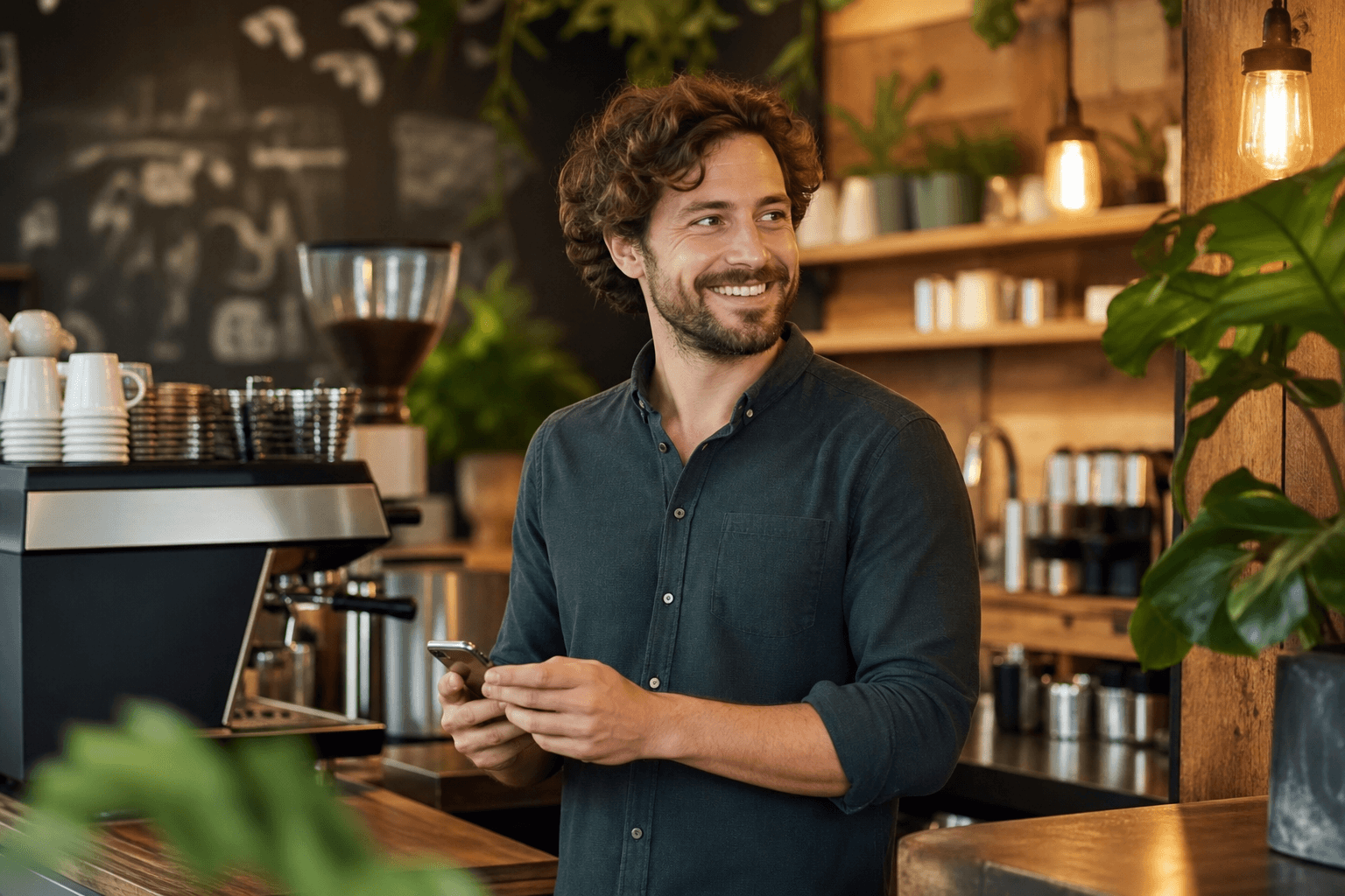 Cafe owner sending a campaign from his phone behind the counter