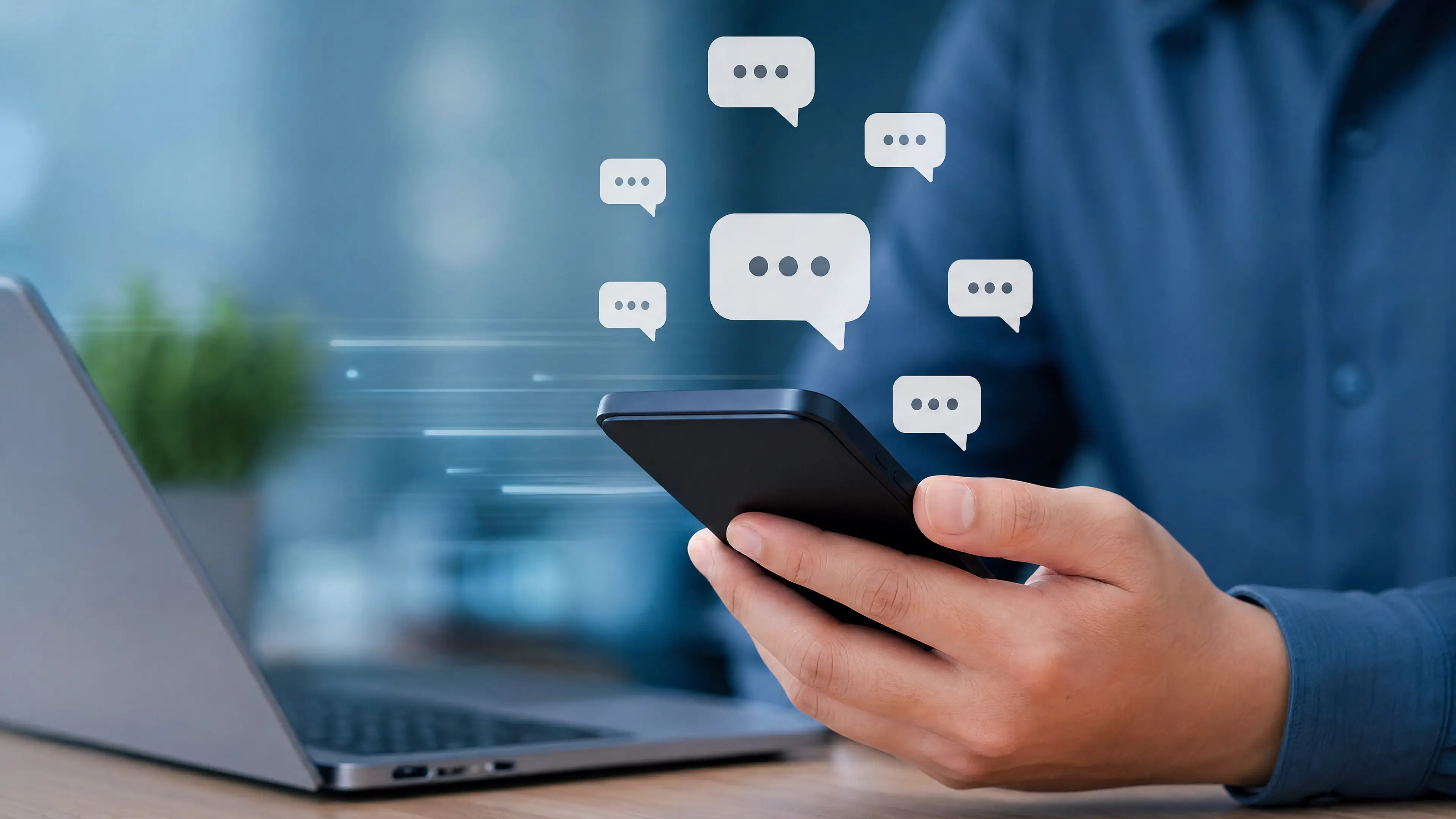 Illustration of bulk SMS messages being sent at scale, representing wholesale SMS volume and pricing