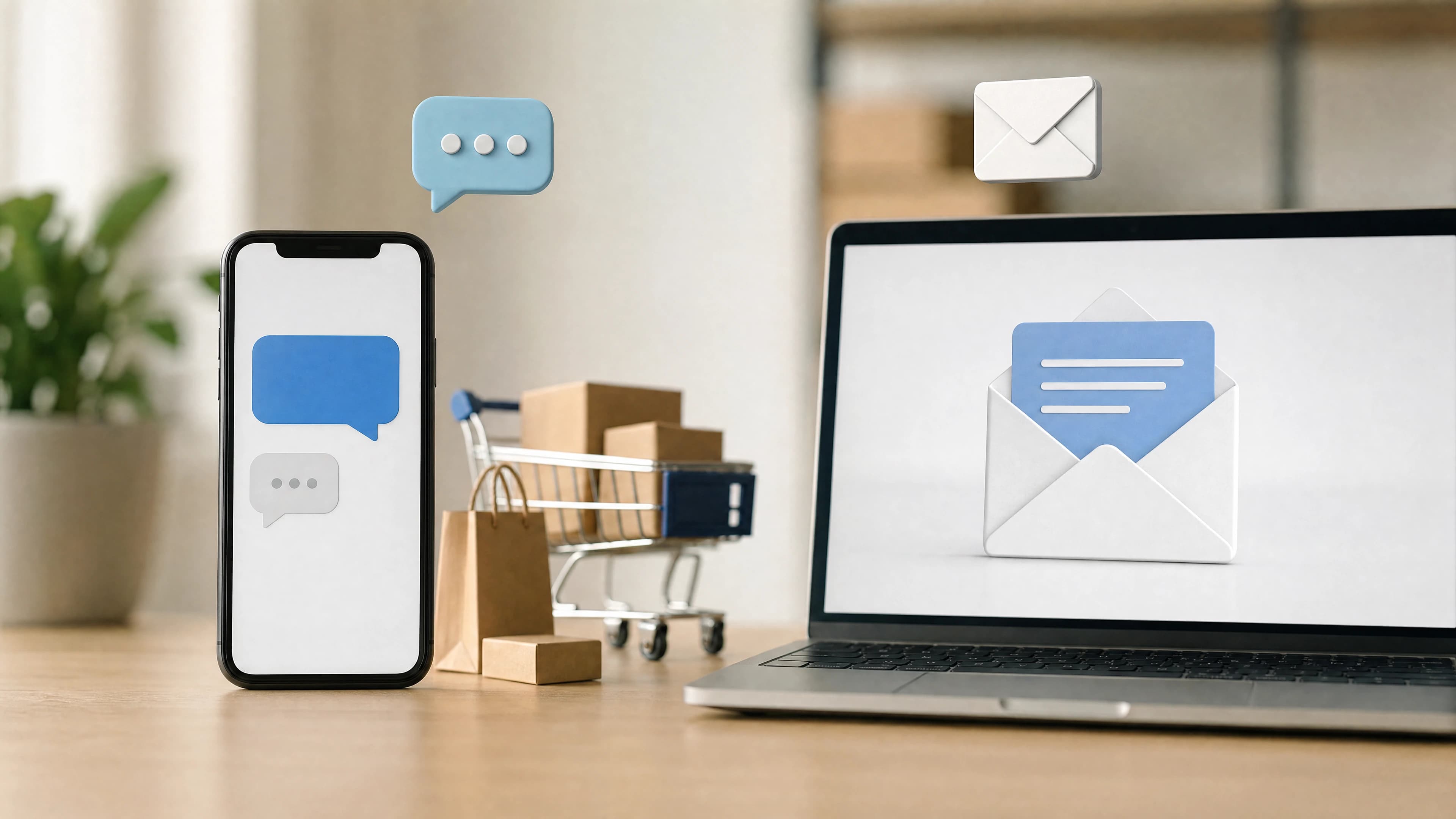 Illustration comparing SMS and email as marketing channels for ecommerce brands