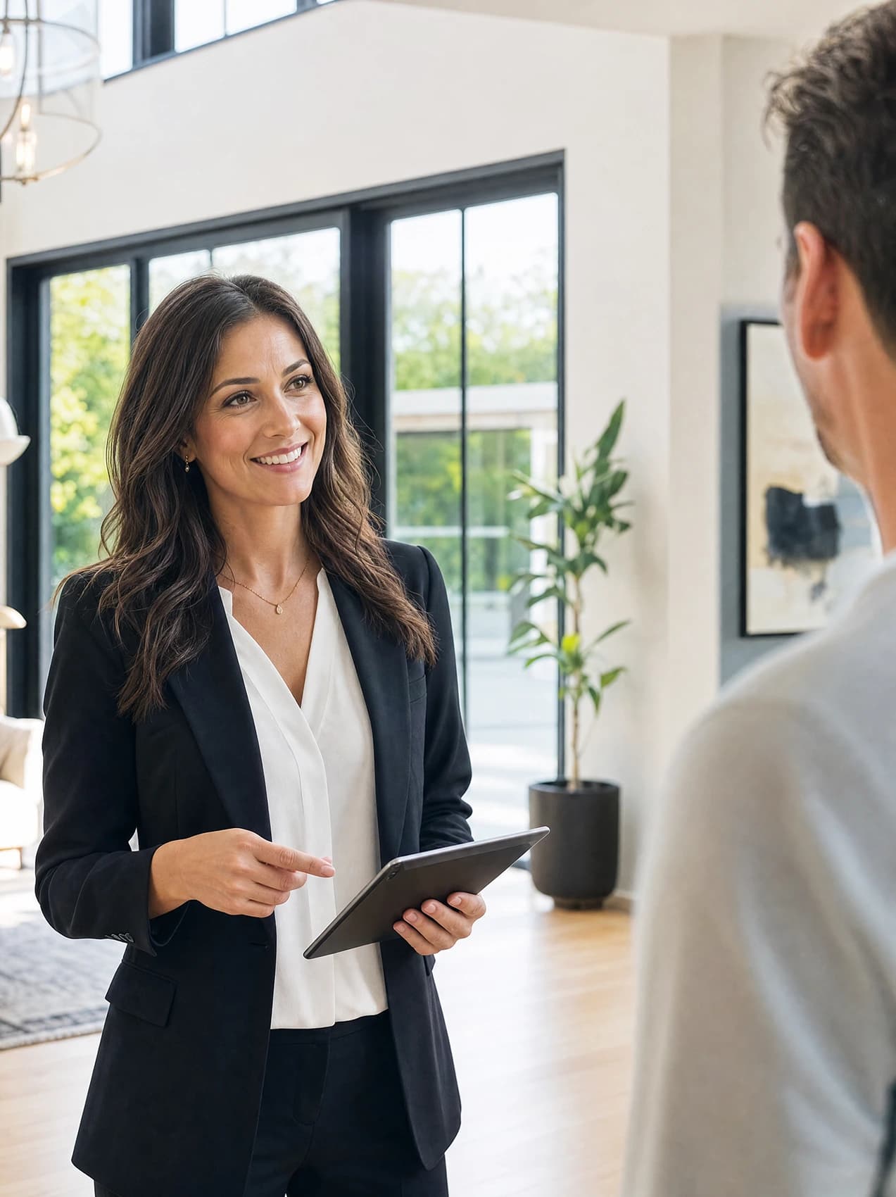 Real estate agent reviewing a listing in a bright home