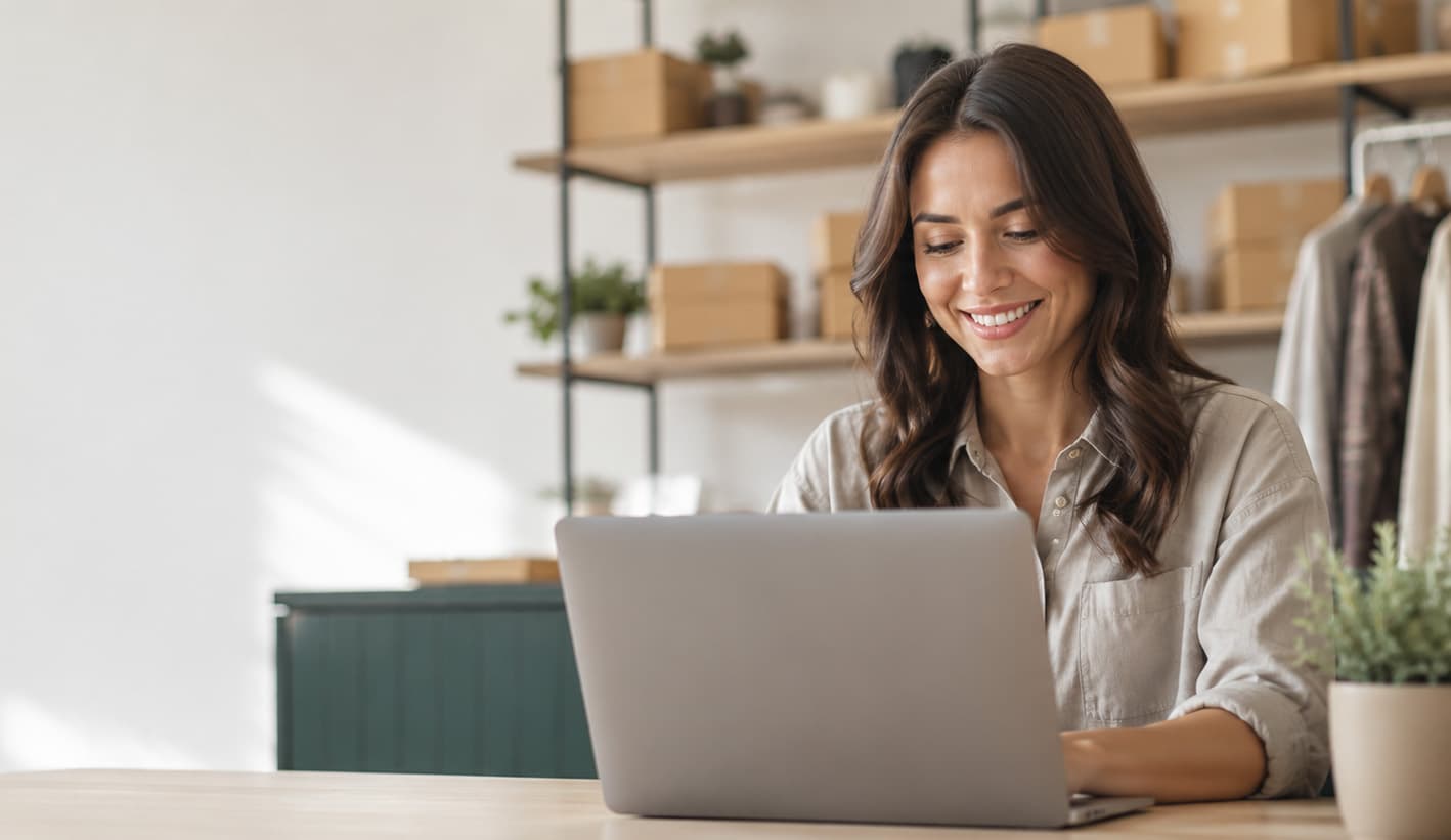 Store owner reviewing her email and SMS campaigns on a laptop